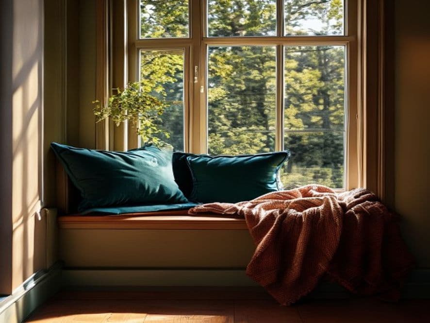 A Window Seat With Deep Blue Cushions and Layered Blankets