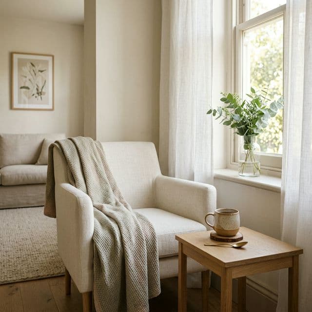 A serene minimalist living room with soft morning light and natural materials